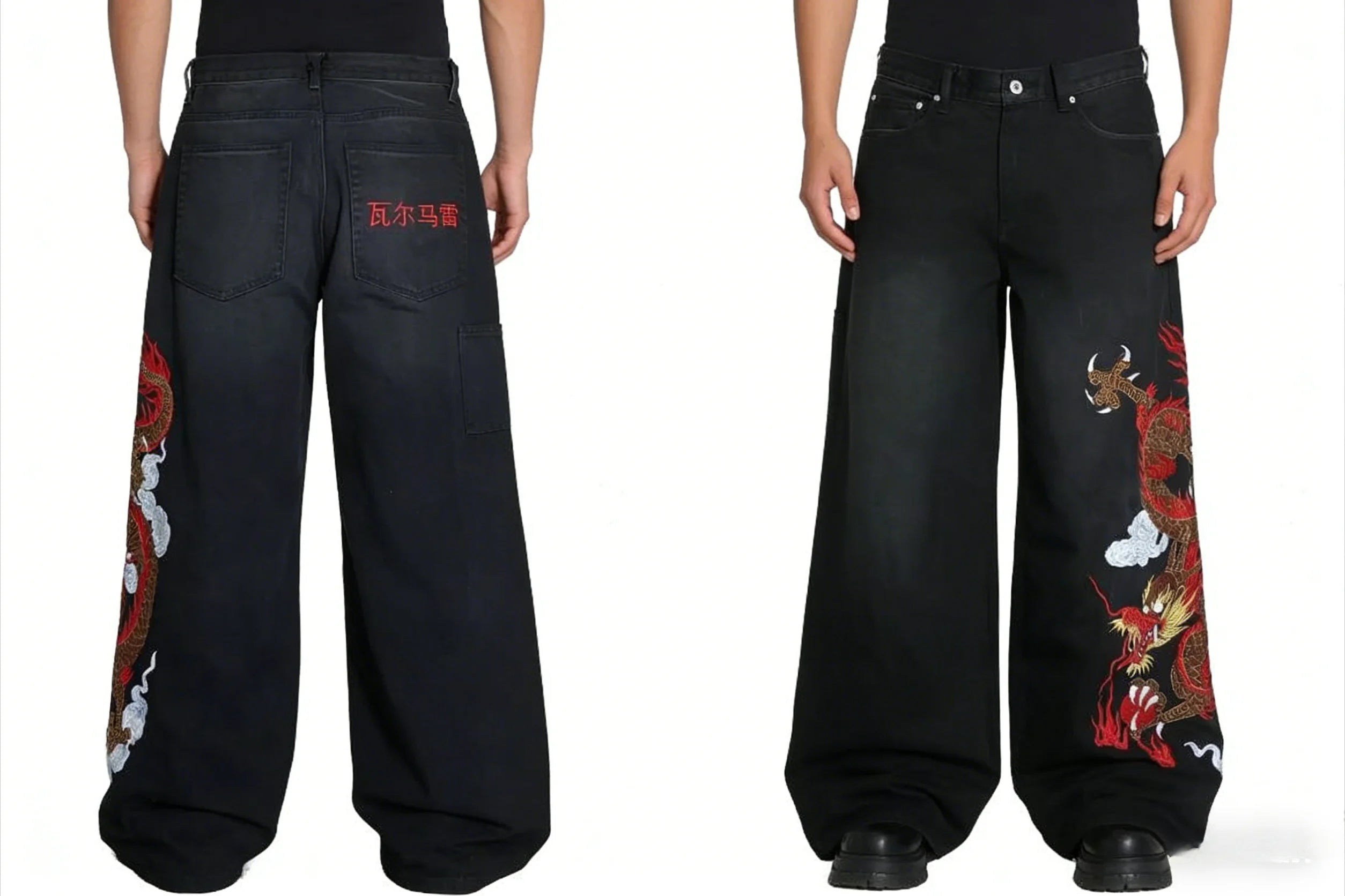 Y2K Black Washed Bestickte High-Waisted Oversized Jeans Herren Europäischer und Amerikanischer Retro Klassiker Lockere Weite Gerader Schnitt Hosen