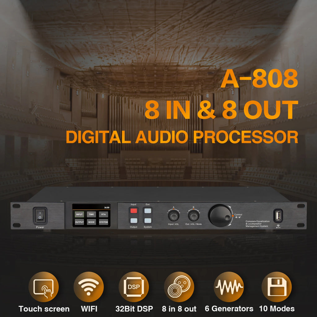 Paulkitson A808 Prozessor Digitaler professioneller Audioprozessor 8 In 8 Out 32Bit DSP 7-Band EQ Equalizer WIFI USB Ohne Rauschen