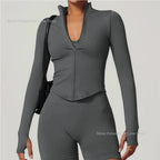 Women's Zipper Crop Sports Jacket Long Sleeve Yoga T-Shirt Solid Quick Dry Fitness Top Gym Running Workout Sportswear