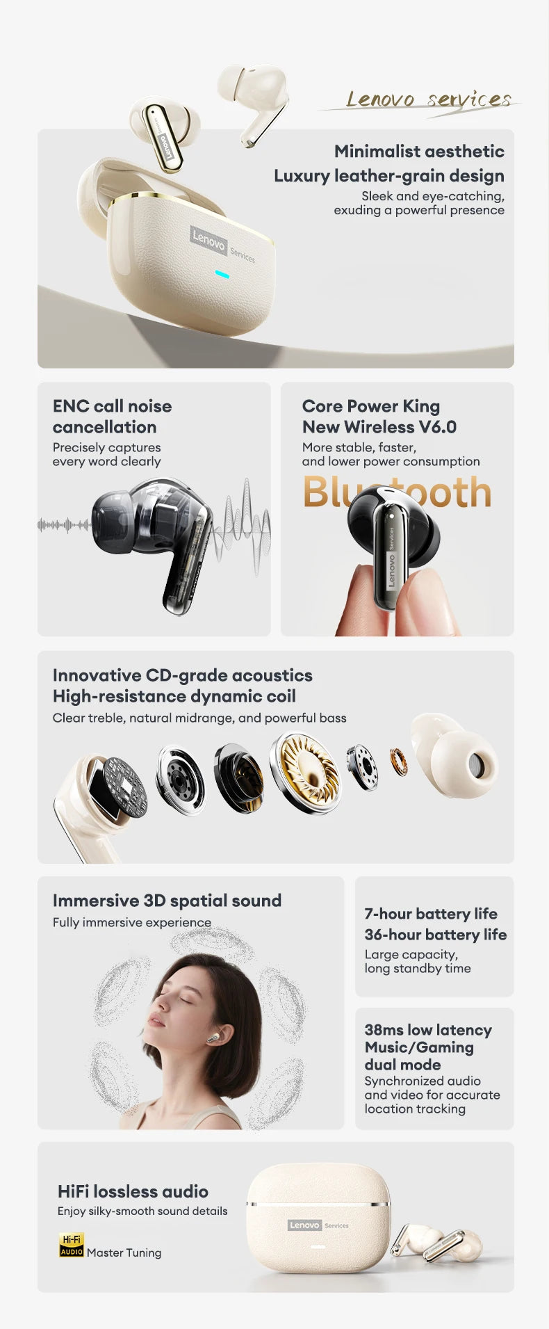 Choice Lenovo LE208 Kabellose Lederkopfhörer Bluetooth 6.0 ENC Kopfhörer Rauschunterdrückung Headset Geringe Latenz Gaming-Headset