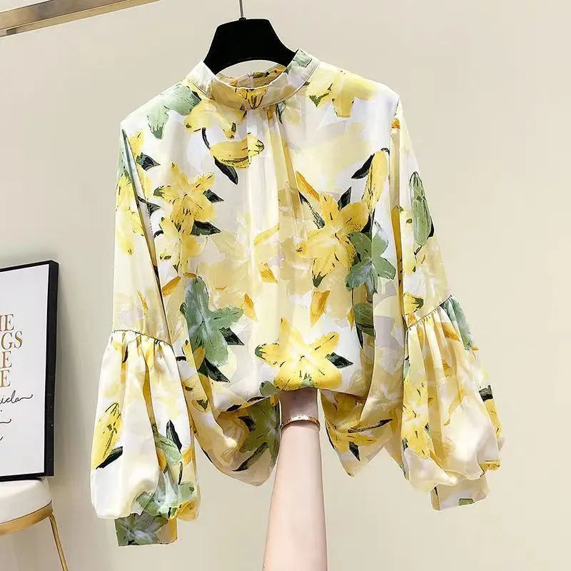 Gelbes Blumenmuster Chiffon Stehkragen Laternenärmel Pullover Damenbluse Shirt Lässige Damenbekleidung Oberteile Mode Hauptbild