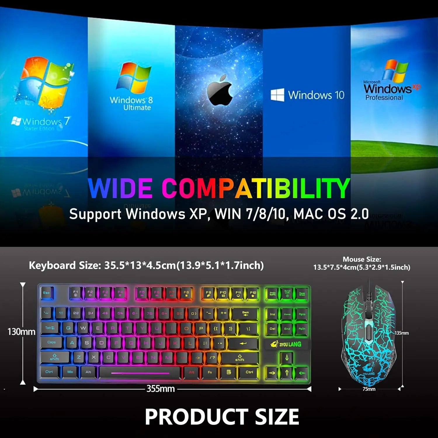 T87 Kabellose Tastatur-Maus-Set, Regenbogen-Hintergrundbeleuchtung, wiederaufladbare 2,4G Gaming-Tastatur, 2400 DPI Optische Gaming-Maus mit Mauspad