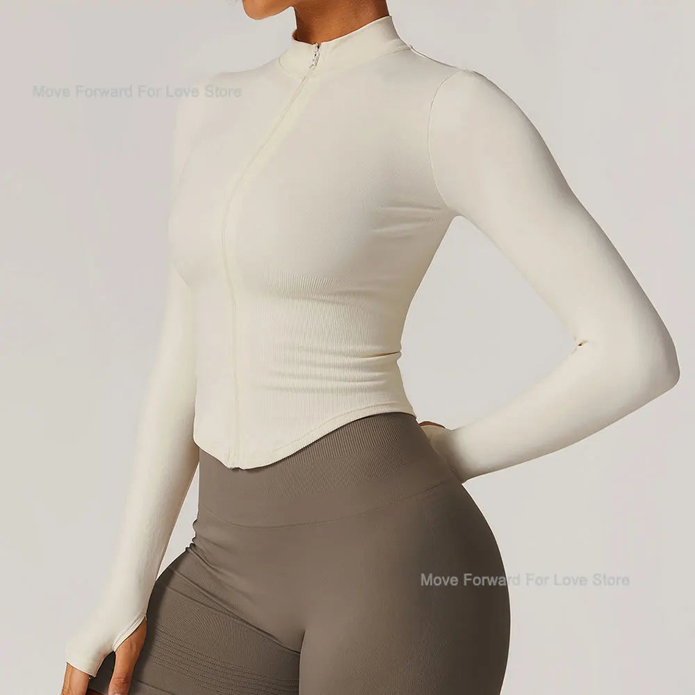 Women's Zipper Crop Sports Jacket Long Sleeve Yoga T-Shirt Solid Quick Dry Fitness Top Gym Running Workout Sportswear