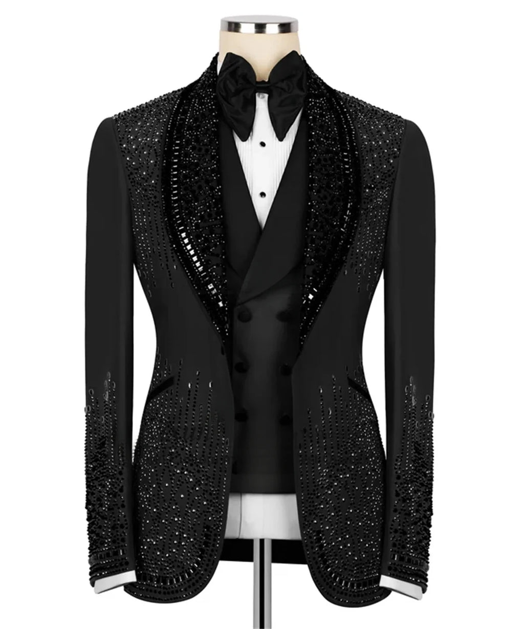 Luxuriöses Kostüm Herrenanzug 2-teiliges Set Strass Kristalle Schalkragen Maßgeschneiderte Hochzeit Slim Fit Smokings Blazer für den Bräutigam