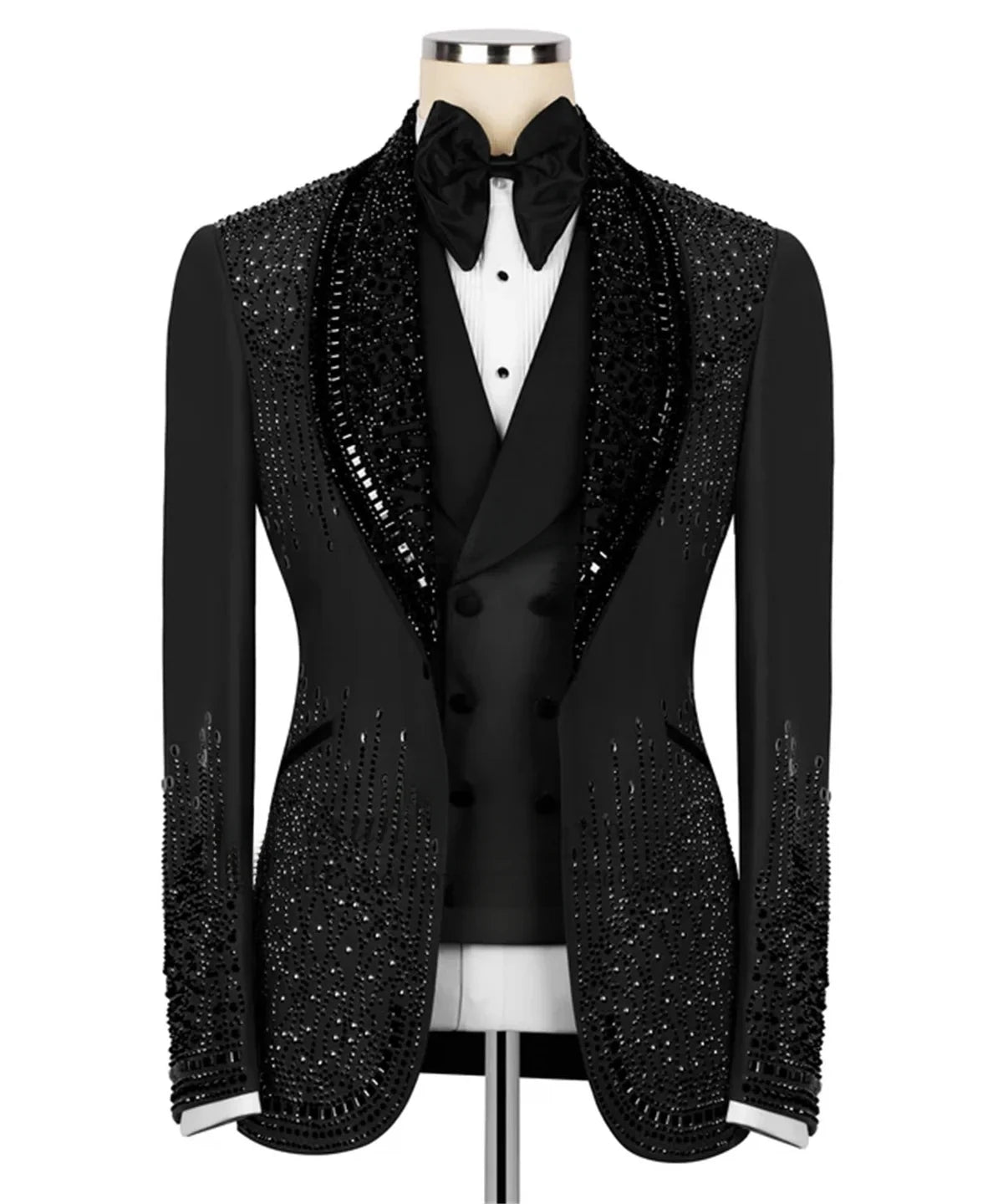 Luxuriöses Kostüm Herrenanzug 2-teiliges Set Strass Kristalle Schalkragen Maßgeschneiderte Hochzeit Slim Fit Smokings Blazer für den Bräutigam