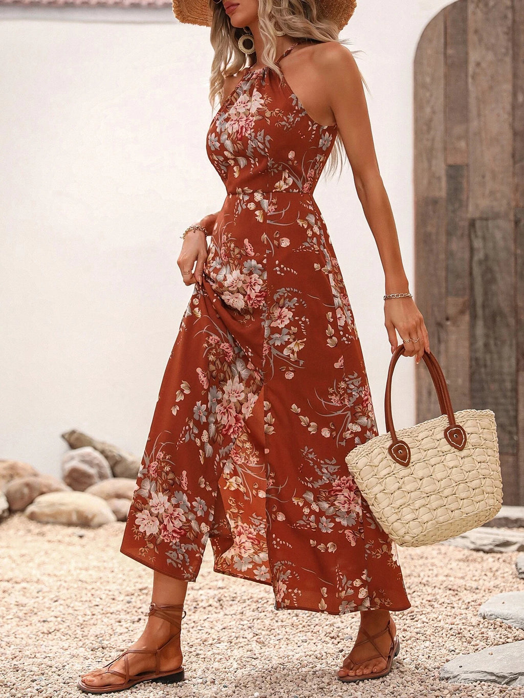 Women's Floral Print High Slit Thigh Halter Dress - Summer Sleeveless Sexy Bodycon Beach Party Clubwear