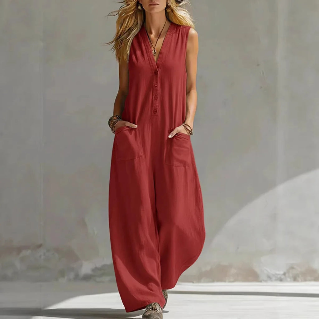 Jumpsuits Damen 2026 Playsuits Doppel-Taschen lässige Leinen-Baumwoll-Ärmellose lange Jumpsuits Damenbekleidung