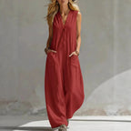 Jumpsuits Damen 2026 Playsuits Doppel-Taschen lässige Leinen-Baumwoll-Ärmellose lange Jumpsuits Damenbekleidung