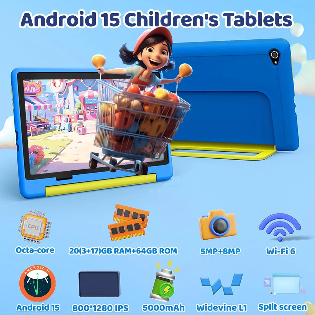 Kinder-Tablet Android 15 Tablet für Kinder 10 Zoll 20GB+64GB 8-Kern mit Hülle 1TB TF erweiterbar für Kleinkinder Kinder Kindersicherung