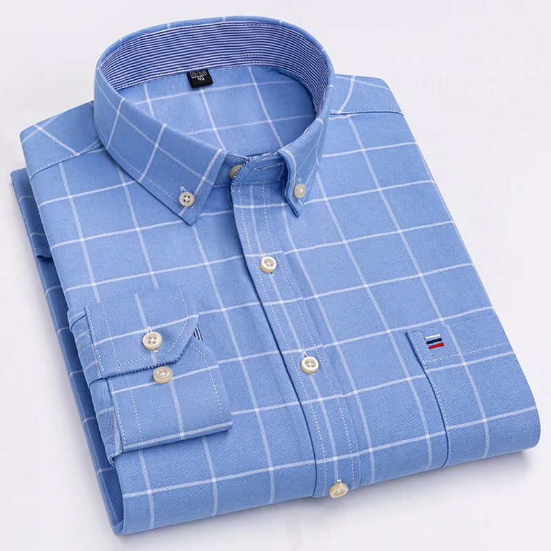 100 % Baumwolle Oxford Herrenhemden Langarm Kariert Weich Regular Fit Festliches Hemd Tasche Sozial Bluse Herrenkleidung S-7XL