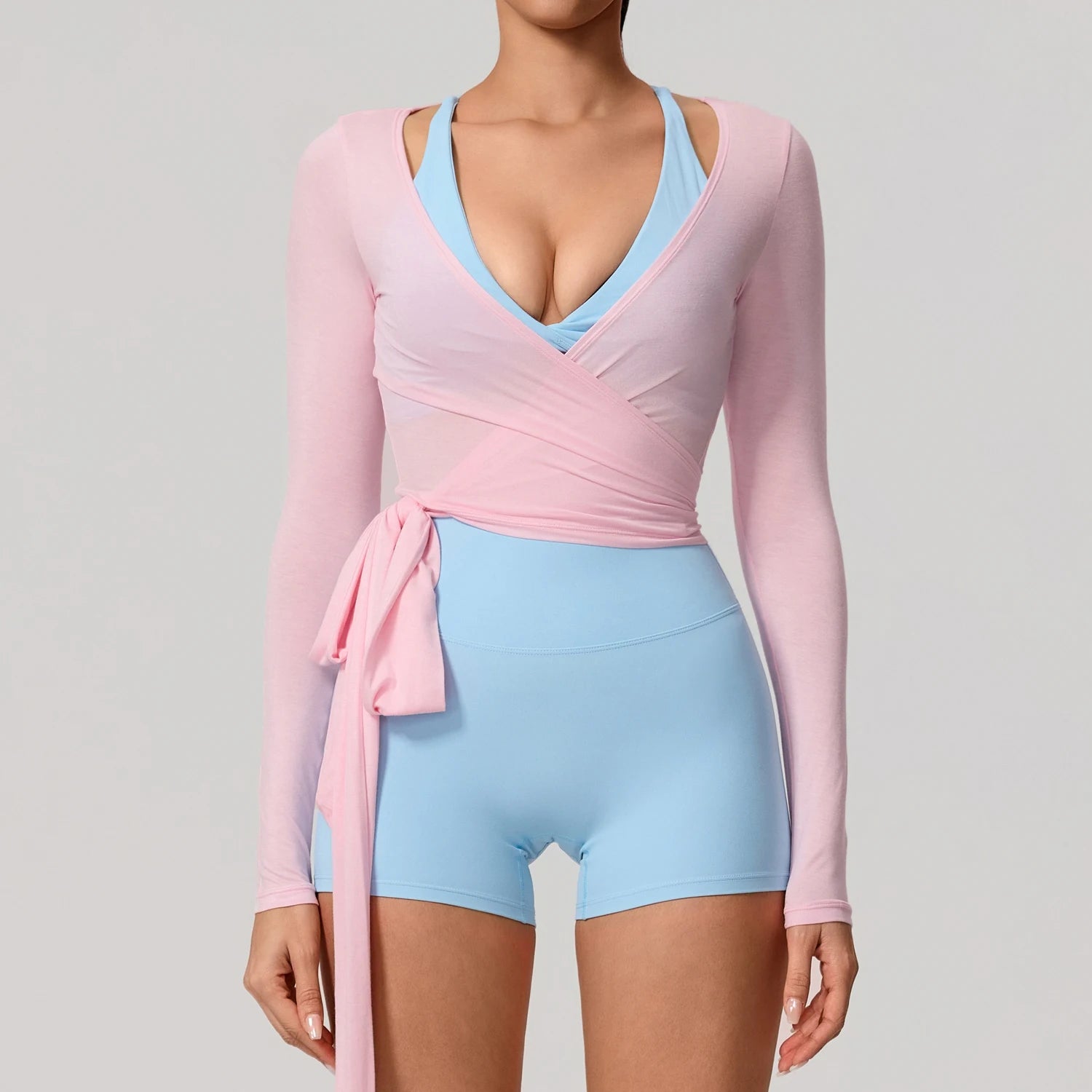 Neue Sommer Damen Yoga Langarm Einteiler Träger Yoga Kleidung Weibliches Training Premium Ballett WickeloberteileFrauen Fitness Sport Top
