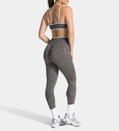 Teveo Eng anliegende, nahtlose Yoga-Leggings mit Leopardenmuster, hautfarbener hoher Elastizität, geeignet als Fitness-Laufhose
