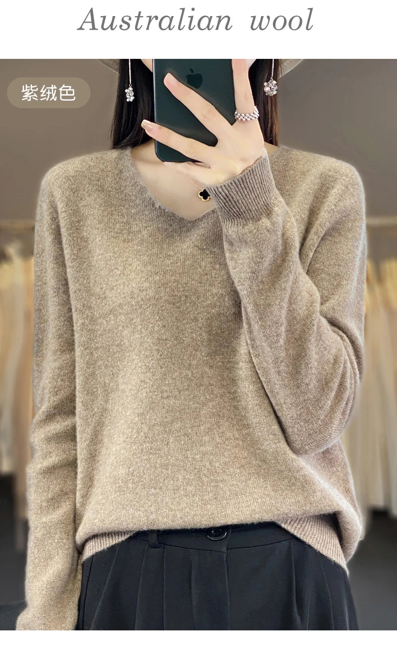 Damen 100% Merinowolle Pullover V-Ausschnitt Basic Pulli Herbst Winter Kaschmir Kleidung Langarm Weiche Strickware Oberteile Unifarben