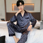 Hochwertiges Pyjama-Set Herren Frühling Herbst Dünn Polyester Eisseide Langarm Schlafanzug Übergröße Sommer Hauskleidung Männlich