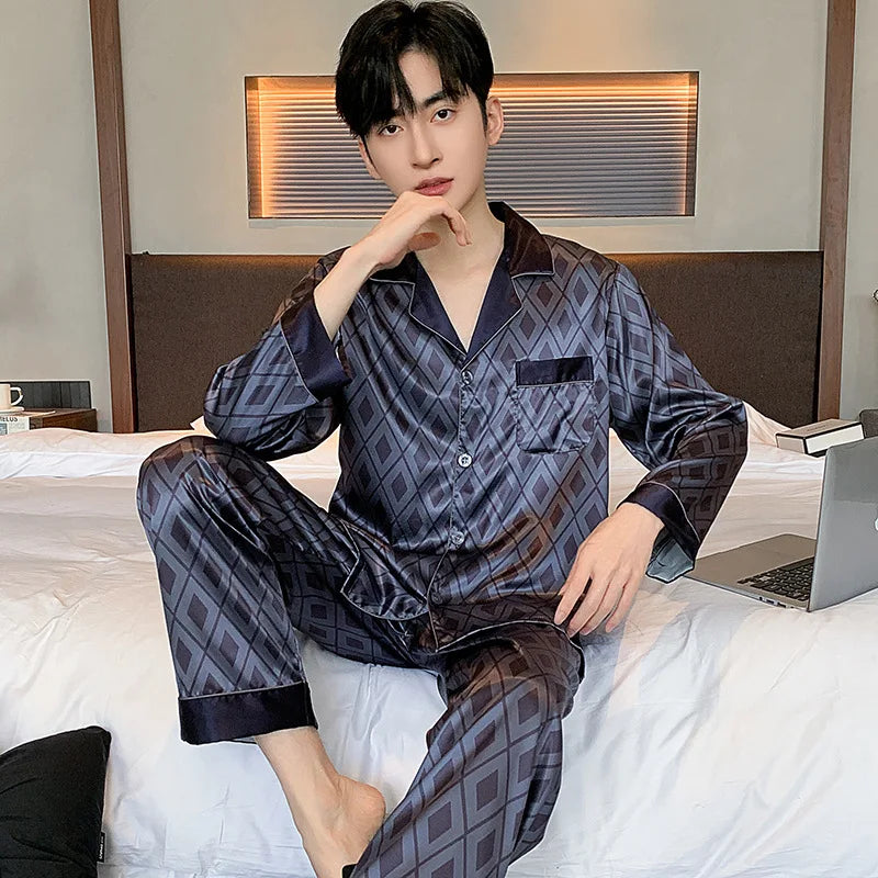 Hochwertiges Pyjama-Set Herren Frühling Herbst Dünn Polyester Eisseide Langarm Schlafanzug Übergröße Sommer Hauskleidung Männlich