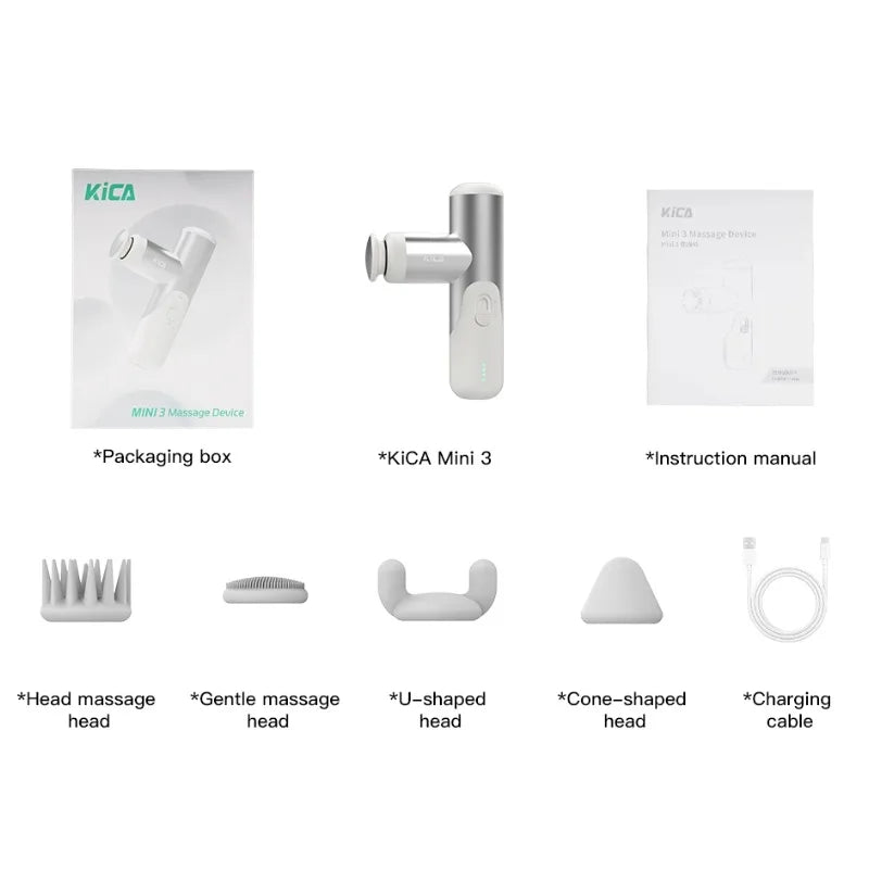 Kica Mini 3 Massagepistole, 3000 U/min stufenlose Geschwindigkeit, 7 kgf Schlagkraft, 4 Köpfe, 255 g leichter Sport-Muskelmassagegerät