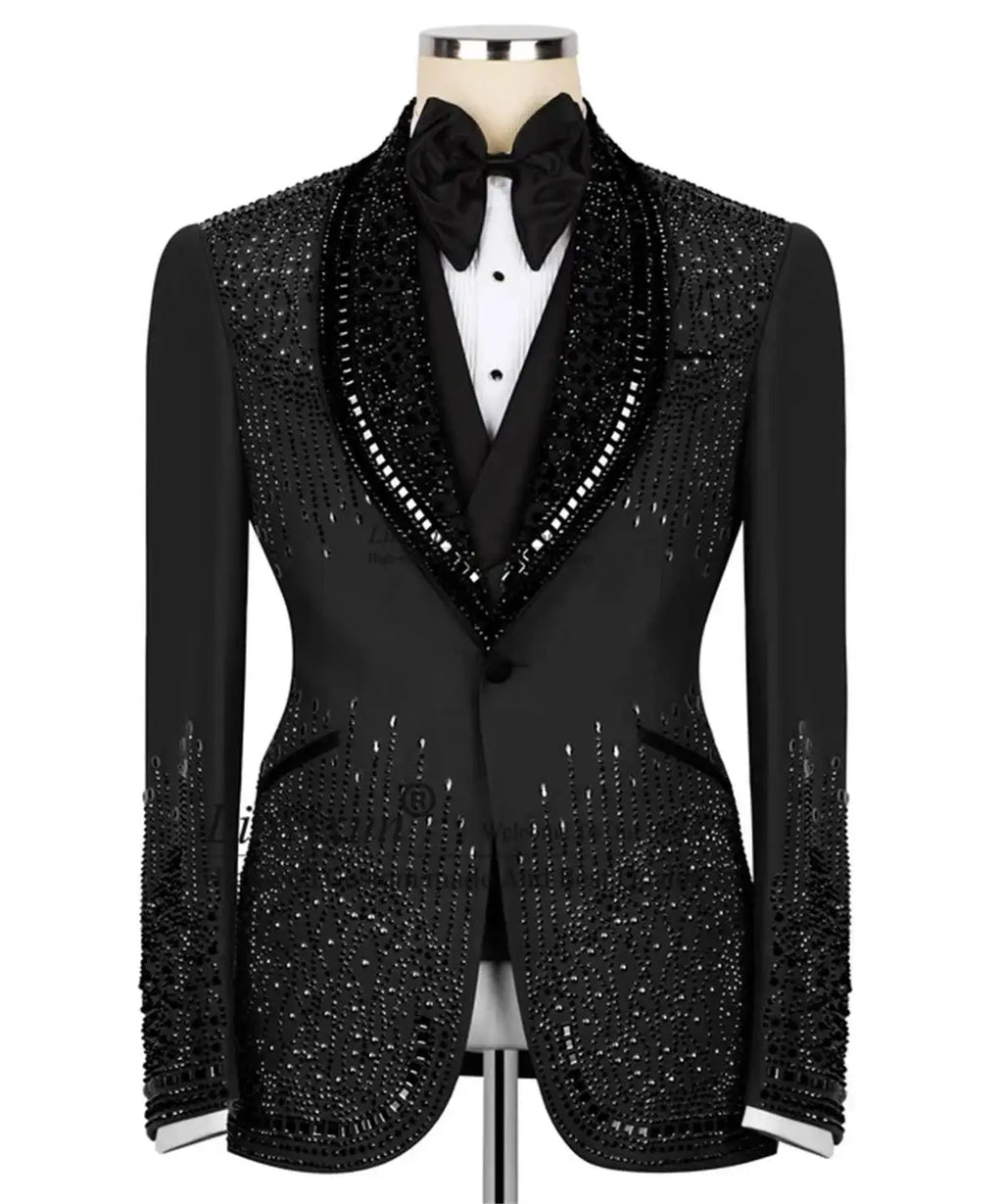 Luxuriöses Kostüm Herrenanzug 2-teiliges Set Strass Kristalle Schalkragen Maßgeschneiderte Hochzeit Slim Fit Smokings Blazer für den Bräutigam