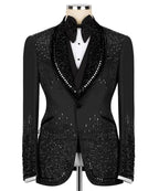 Luxuriöses Kostüm Herrenanzug 2-teiliges Set Strass Kristalle Schalkragen Maßgeschneiderte Hochzeit Slim Fit Smokings Blazer für den Bräutigam