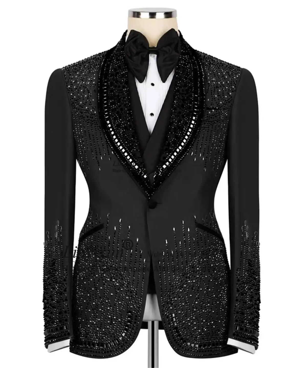 Luxuriöses Kostüm Herrenanzug 2-teiliges Set Strass Kristalle Schalkragen Maßgeschneiderte Hochzeit Slim Fit Smokings Blazer für den Bräutigam