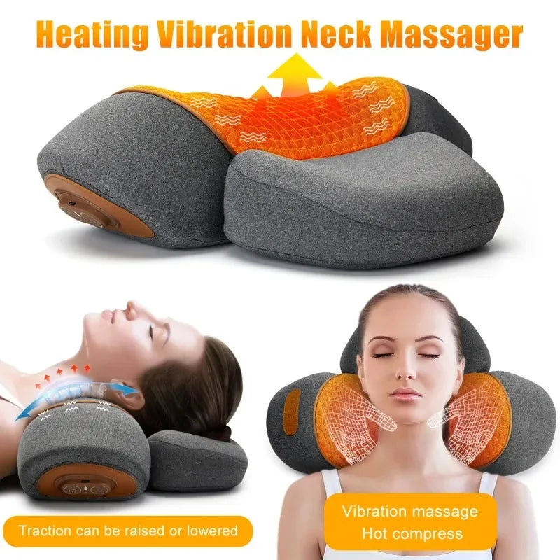 Elektrisches Nackenmassagegerät, Nackenkissen, Heiße Kompresse, Nackenstreckung, Heizung, Vibration, Nacken-Schultermassagekissen, Rückenstreckung