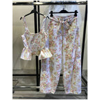 Elegantes Blumenmuster-Set Damen Square Neck Ärmelloses Rüschen-Top Schnürung Bodenlang Weite Hosenanzüge Lady Freizeit-Outfits