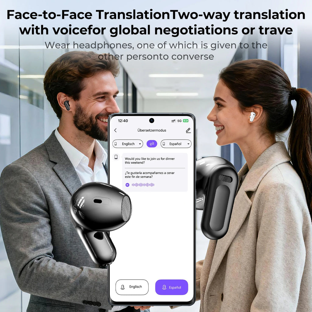 Auriculares Traductor DeIdioma 2026 HTC NE20 Translator Earbuds 6in1 iOs Android 60H Playtime Business Travel Meeting LCD Touch