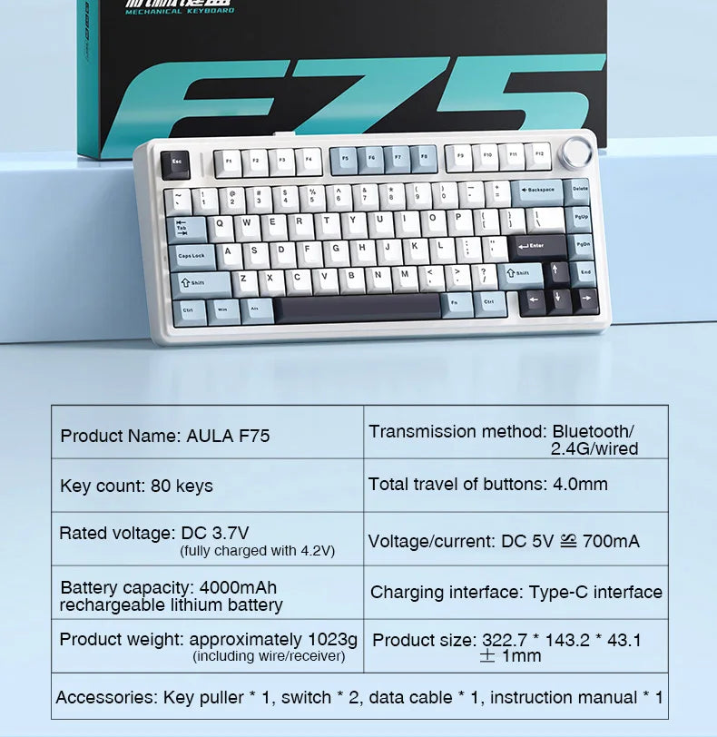 AULA F75 2.4G Kabellos/Bluetooth/Kabelgebunden Gaming Mechanische Tastatur RGB Angepasstes 75% Layout OEM Profil Gasket Struktur