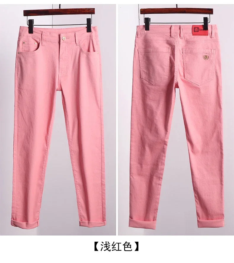 5 Farben Herren Bunte Denim Stretch Stretch Jeans Elastische Gelb Pink Rot Slim Herren Bekleidung Einfache Business Denim Hosen