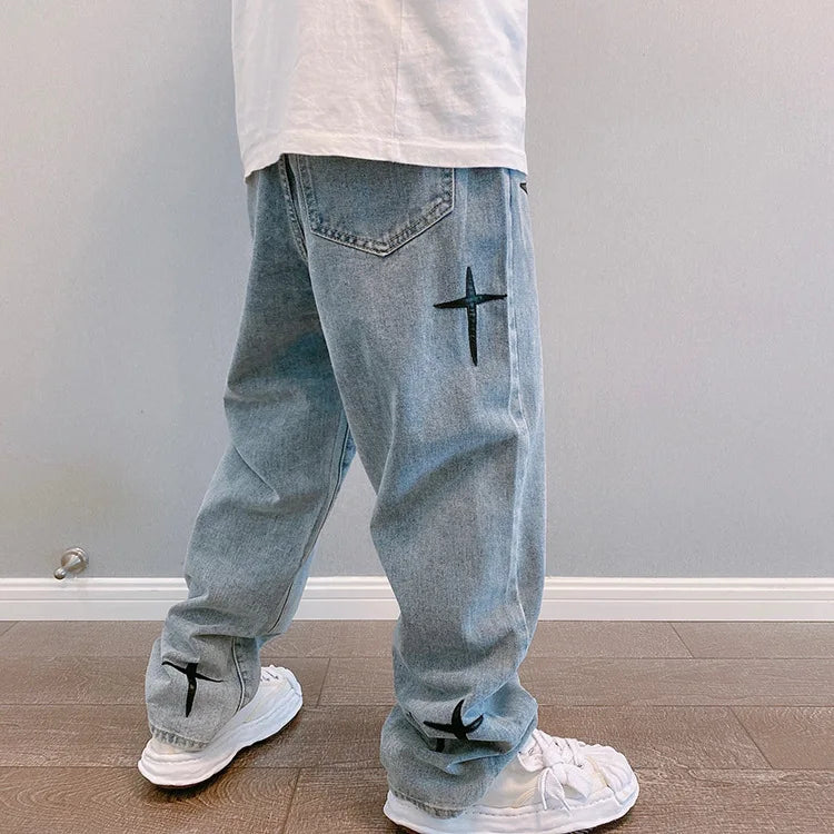 Prints Jeans Men 2023 New Streetwear Baggy Wide Leg Jeans Korean Fashion Drapes Straight Casual Loose Denim Cargo Pants