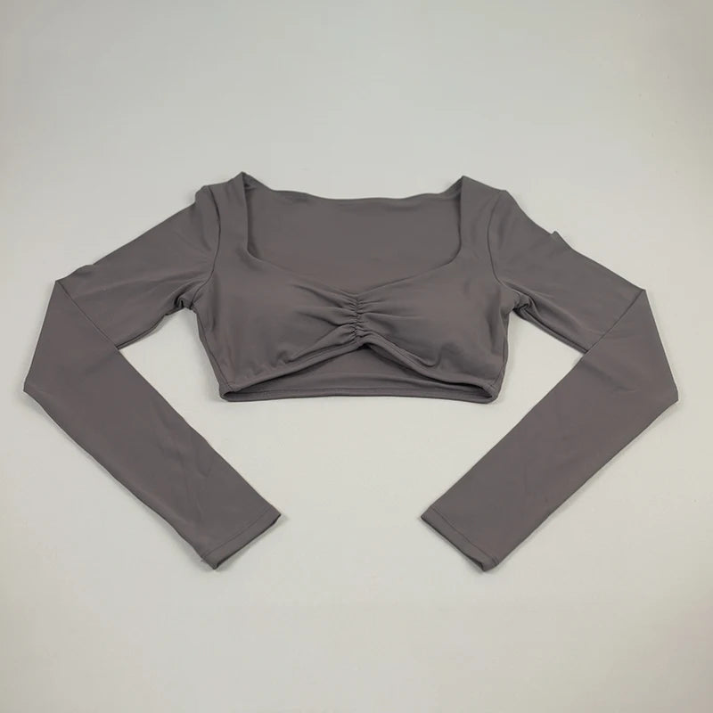 Schnell trocknende, atmungsaktive, kurze Yoga-Kleidung für Damen, sexy, „Nude Feeling“ Fitness-Oberteile, schmal geschnittene Trainings-Laufkleidung