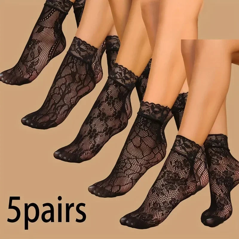 5 Paar Blumen-Spitzensocken Dünne Atmungsaktive Kurze Socken Sommer Netz Lolita Fischernetz Damenstrümpfe Strumpfwaren Hauptbild