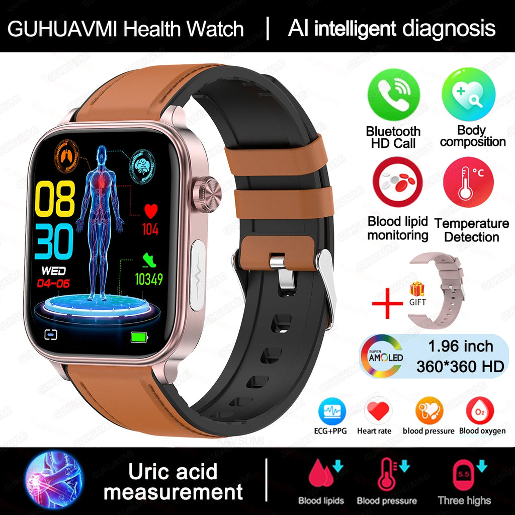 2025 Neue KI-Diagnose Blutfette Harnsäure Körperzusammensetzung Test Smartwatch für Herren EKG+PPG Bluetooth Anruf Gesundheits-Smartwatch