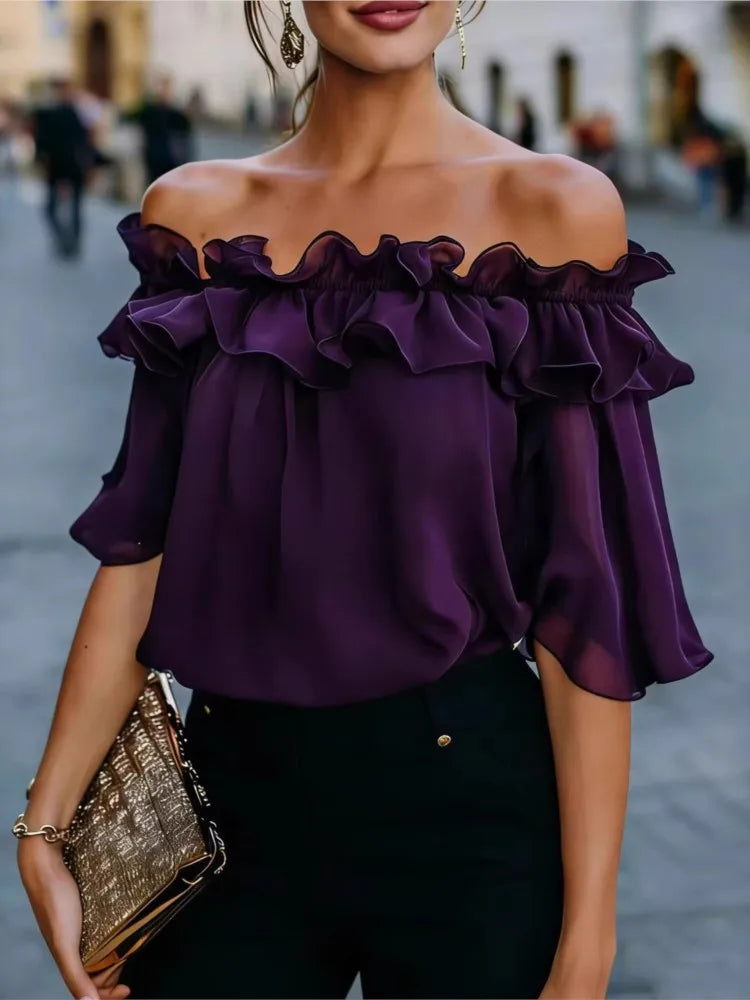 Mode Rüschen Sexy One Shoulder Damen Kurzarmshirt Sommer Neu Lässige Weite Oberteile Weibliche Elegante Vielseitige Bürobluse