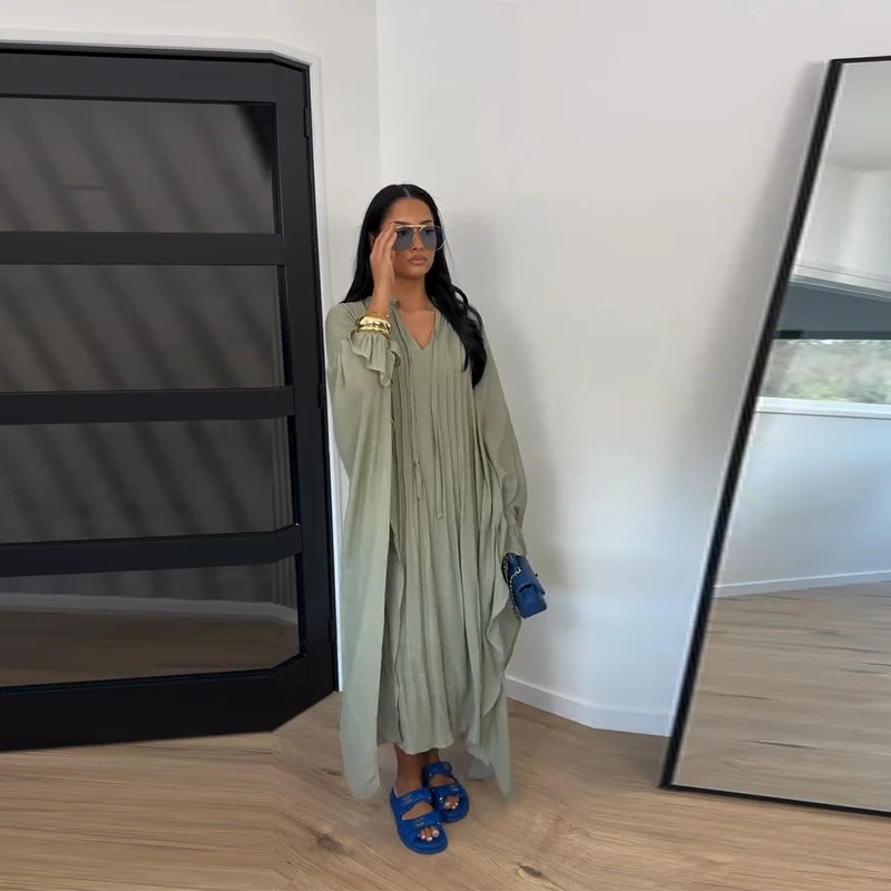 Maxikleid Damenkleider Fledermausärmel Beige Rüschen Bindekragen Plissiert Oversized Damenbekleidung Freizeitkleidung Sommer-Outfit