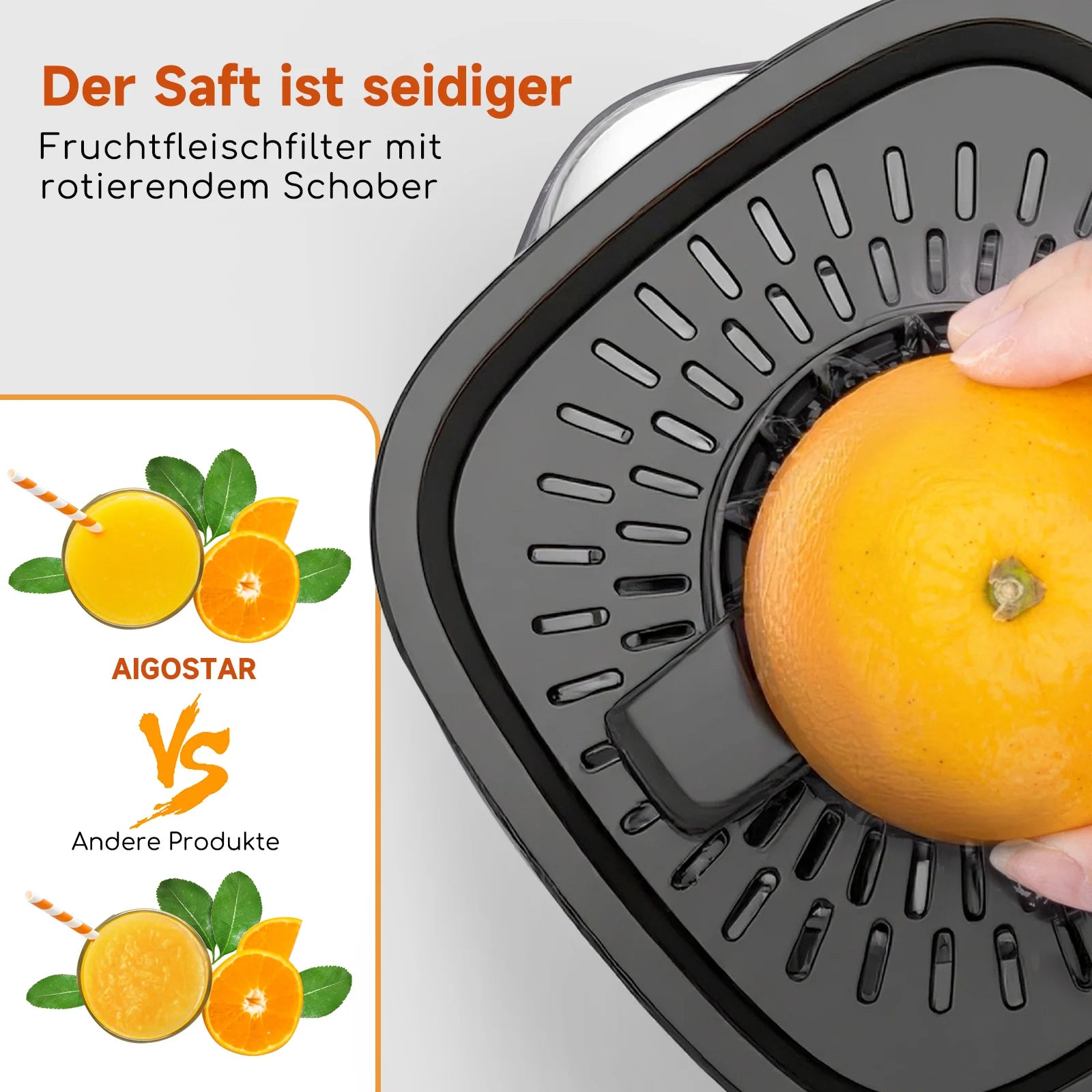 Aigostar Elektrische Zitruspresse, 1,2L große Saftpresse mit LED-Arbeitslicht und 2 abnehmbaren Kegeln, Zitronenpresse für Orangen