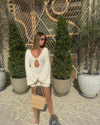 Sexy Boho Striped Chic V-neck Cut Out Bell Sleeve Knit Beach Mini Dress 2026 Summer Women Seaside Holiday Swimsuit Cover Up K123