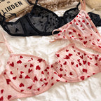 Neues Dessous-Tangas-Set, sexy, ultradünner transparenter BH, Damen-Bügel-Push-up-BH-Set, sommerliche, romantische Pfirsichherz-Unterwäsche