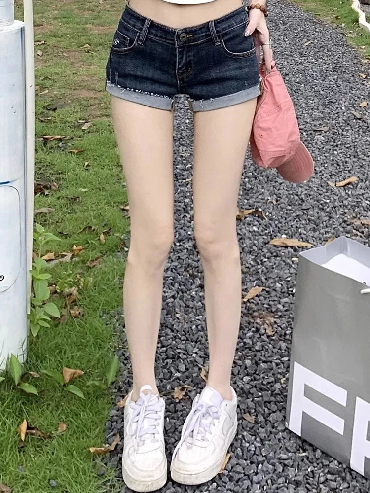 Sommer Neue Damen Koreanische Jeans-Shorts Hose Damen Niedrige Taille Elastische Slim Fit Hotpants Weibliche Sexy Dunkelblaue Hüftwickel-Jeans