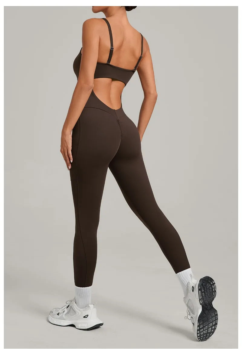 Damen Yoga Jumpsuits Sport Fitness Einteiler Schönheits-Rückengurt Tasche Hüfthebend Slim Fit Laufen Workout Training Bodysuit