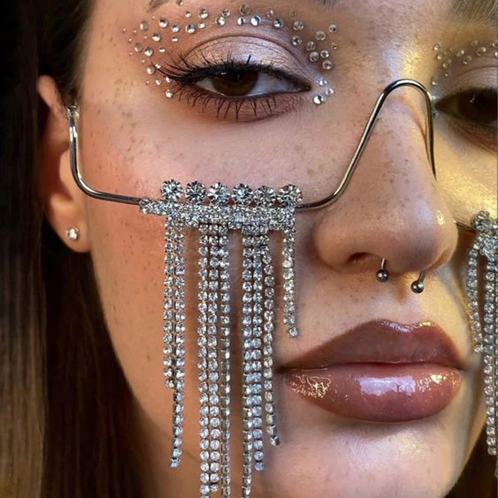 Mode Quaste Halbrahmen-Metallbrille für Frauen Kristall Gesichts-Kette Schmuck Brillen Kpop Make-up Strass-Accessoire Ohne Gläser