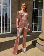 Damen-Jumpsuits Pailletten Einteiler Bodenlang Hosen-Overalls Lange Ärmel Bodycon Party-Nacht-Strampler Spleiß Hohe Taille Gürtel