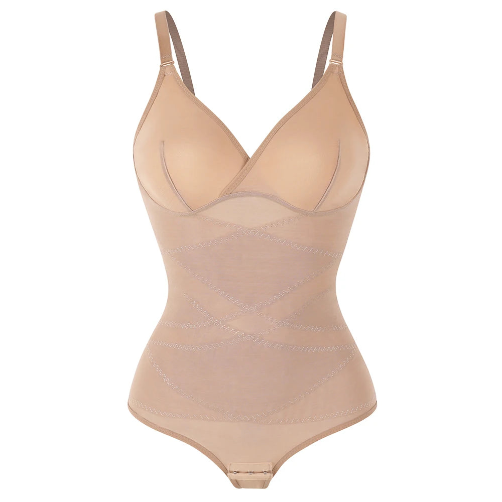 Cross Waist Tummy Control Body Shaping Bodysuit für Damen Ganzkörperkontrolle V-Ausschnitt Mesh Atmungsaktiver Slip Unterwäsche Po-Former