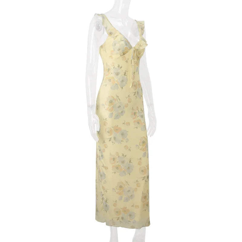 Kryptografischer Sommer Blumenmuster Plunge Maxikleid Outfits Sexy rückenfreie Feen Sonnenkleider Urlaub Strandmode Vestido Coquette