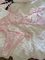 French Retro Lace Bra & Thong Set | Sexy Polka Dot Sheer Mesh Lingerie for Plus Size Big Bust, Ultra Thin MOYISU Panty TUSHY Set