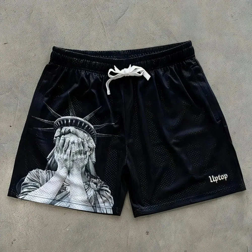 Europäische und amerikanische Herren Sommer Freiheitsstatue-Print bequeme atmungsaktive Tunnelzug-Shorts Outdoor-Freizeithose