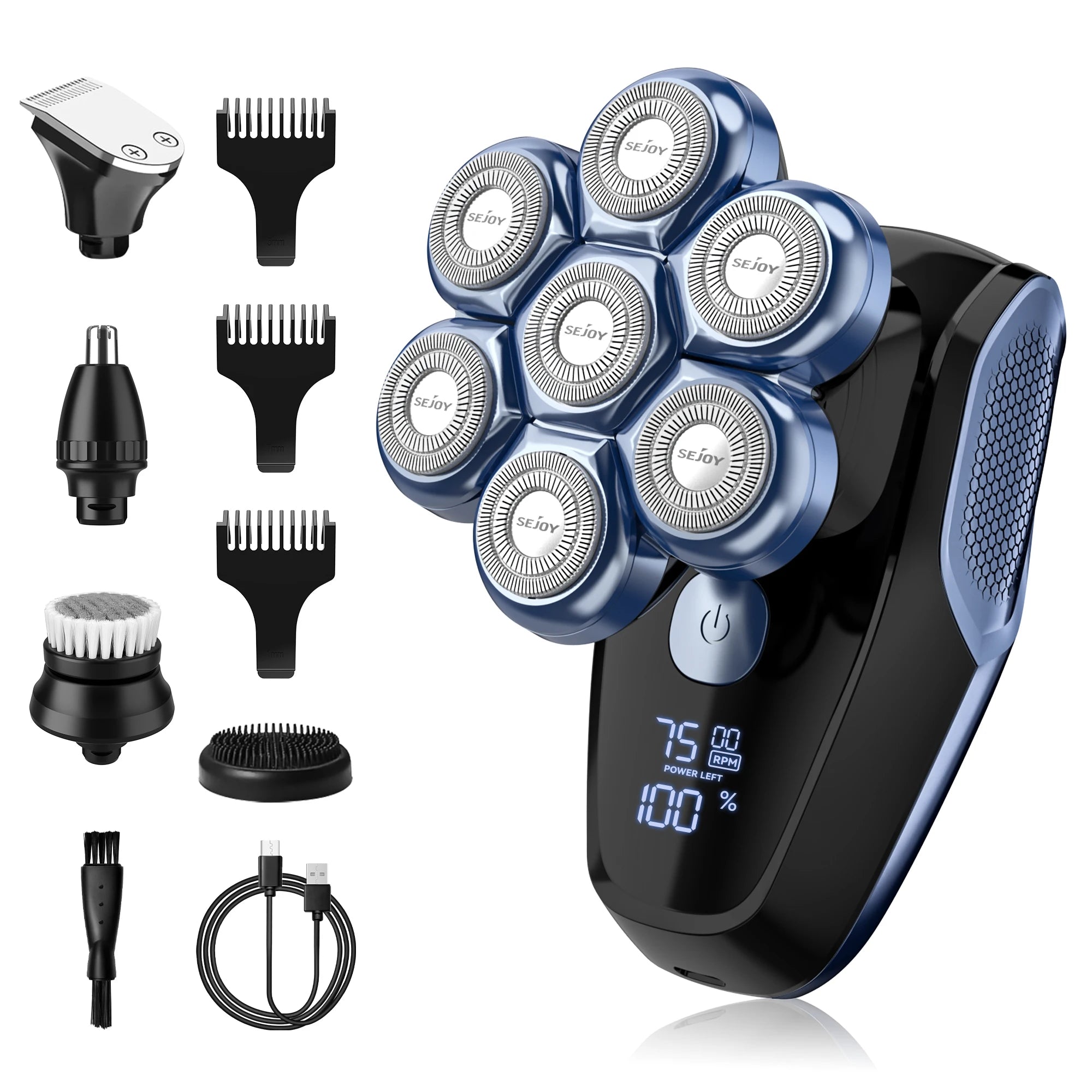 Sejoy 6-in-1 7D Kopfrasierer für Glatzköpfe Elektrischer Rasierer mit Nasenhaarschneider Wasserdichtes Multifunktionales Herrenpflege-Set