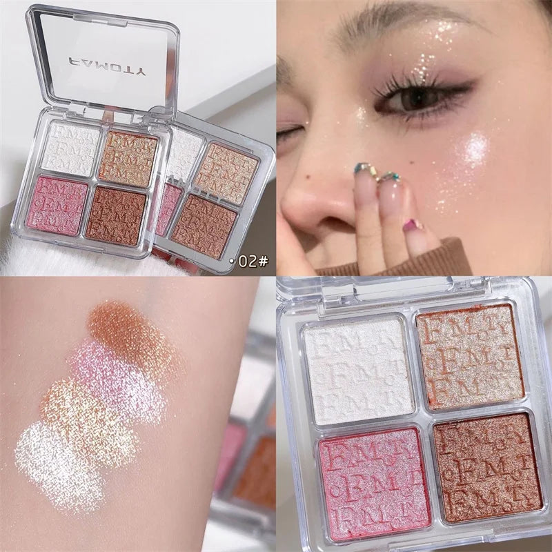 4 Farben Diamant Highlighter Puder Palette Glitzer Gesichtskontur Aufhellen Make-up Schimmer Ultrakonzentrierte Leuchtkraft Kosmetik