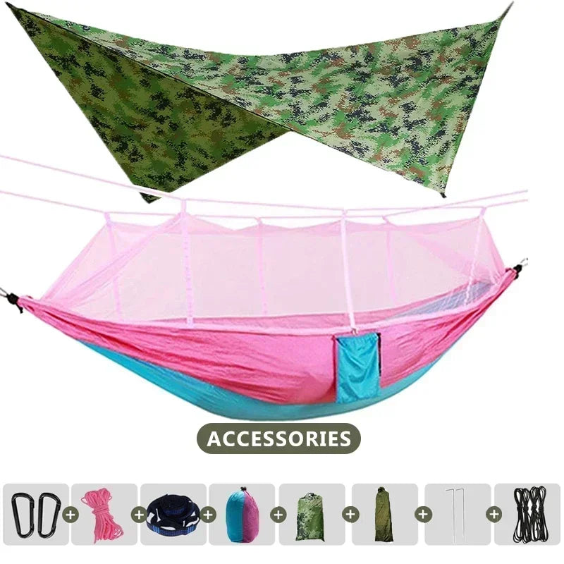 260x140cm Camping Hängematte Doppelgröße Fallschirm mit Moskitonetz Regenschutz Tarp Leicht für Wandern Reisen