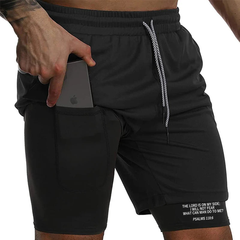 Herren-2-in-1-Lauf-Workout-Shorts mit Druck, Christian Gym Athletic Performance Shorts mit Handytasche und Handtuchschlaufe, Activewear