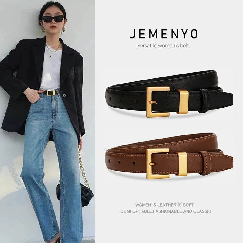 Ladies leather belt; cowhide versatile decoration for suit waist belt; retro simple high-end black ins style denim belt.